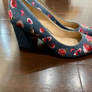 Gunmetal Floral Embroidered Denim Heels